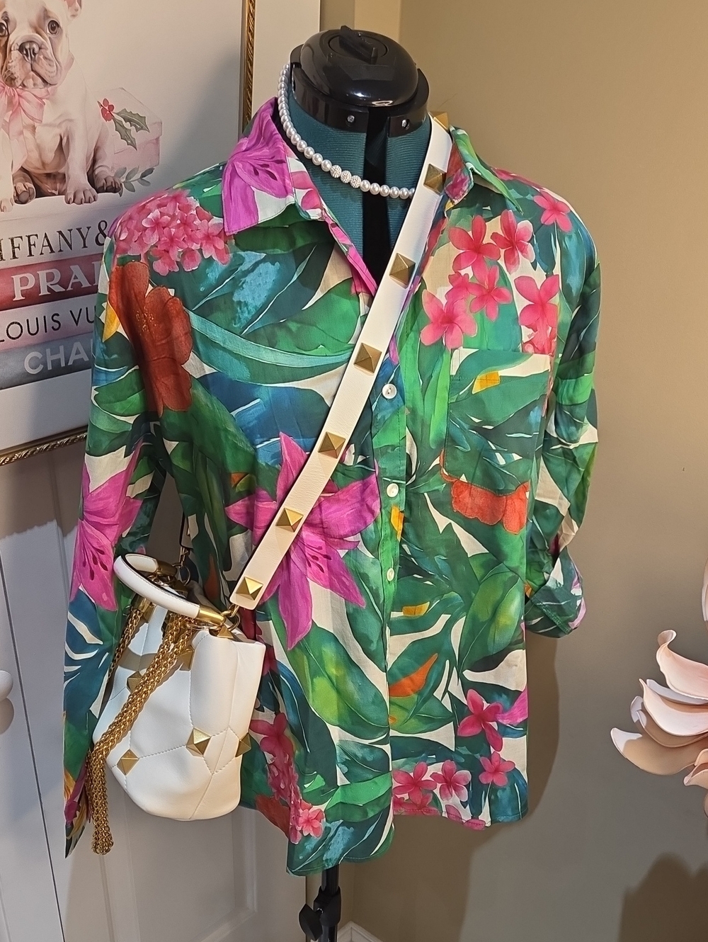 Nwt Large Lucky & Coco Floral Tropical Button-Down Shirt - Green/Pink